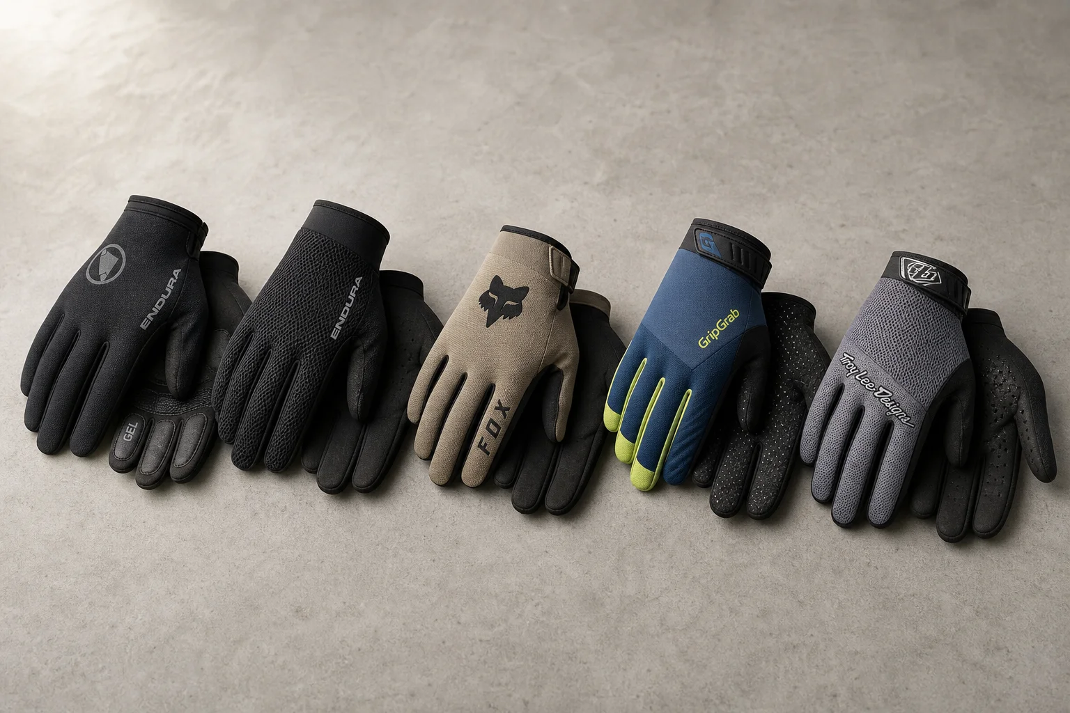 Five mountain bike gloves arranged on concrete showing different designs and protection levels