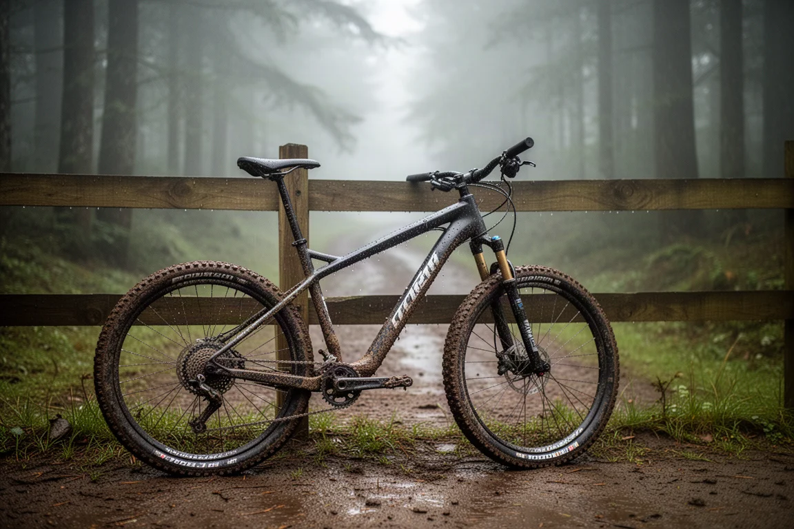 Muddy mountain bike leaning against a wooden fence after a wet trail ride