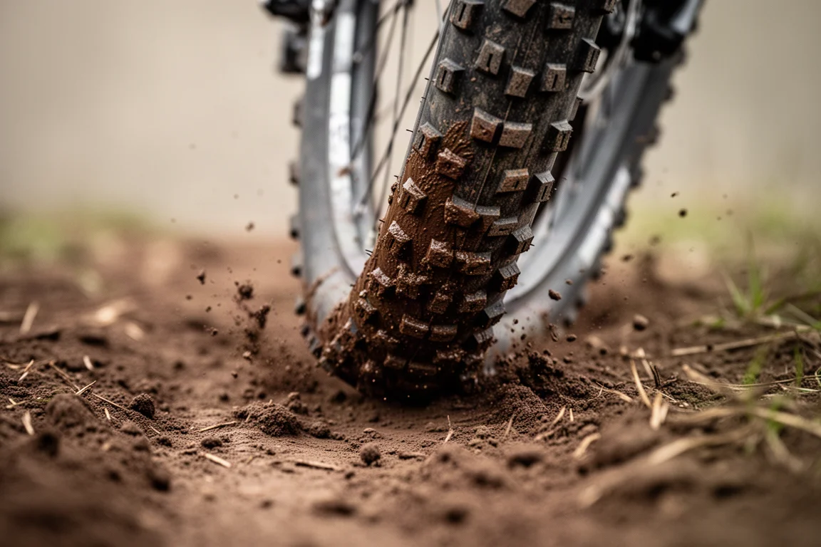 Close-up of a mountain bike tire tread pressing into soft wet loam