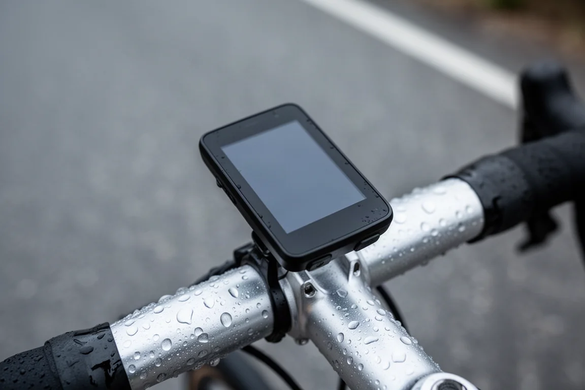 Handlebar-mounted cycling computer on a rain-speckled bar above wet tarmac