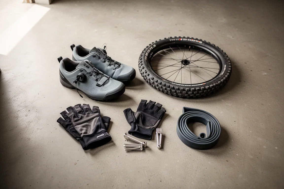 Overhead flat lay of mountain bike kit on a concrete floor