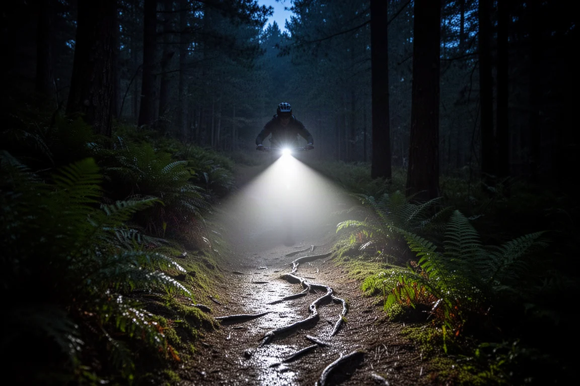 Sentiero notturno per mountain bike illuminato da una luce luminosa montata sul manubrio