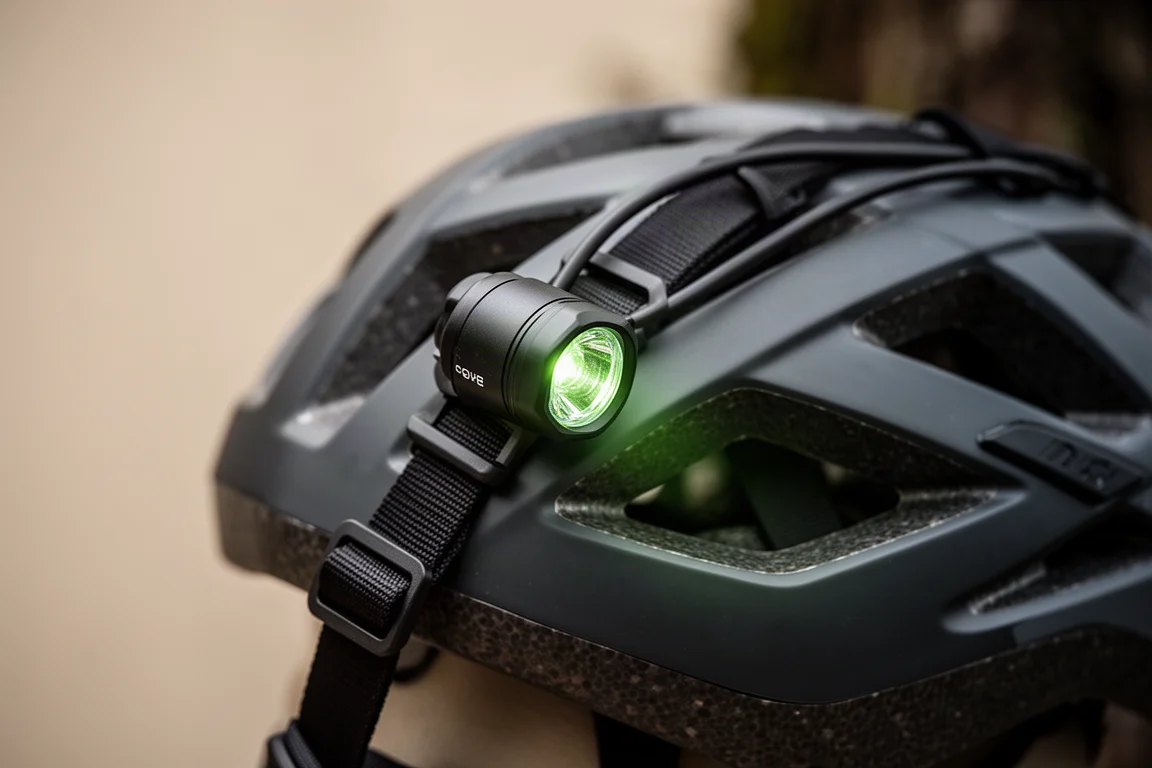 Luce compatta montata su un casco da mountain bike con lente colorata di verde