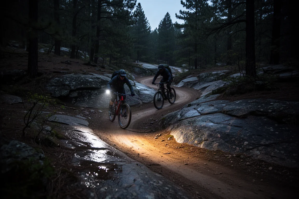 Biker in curva su un sentiero notturno roccioso con un unico fascio di luce