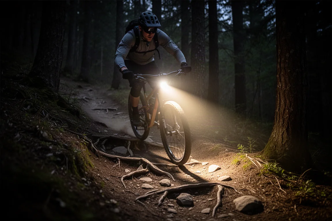 Mountain biker descending a dark forest trail lit by a handlebar light