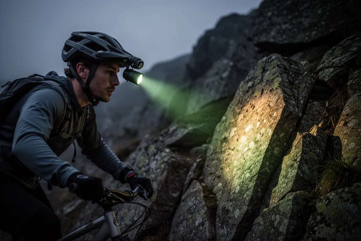 Helmet-mounted bike light illuminating a rocky technical trail at night
