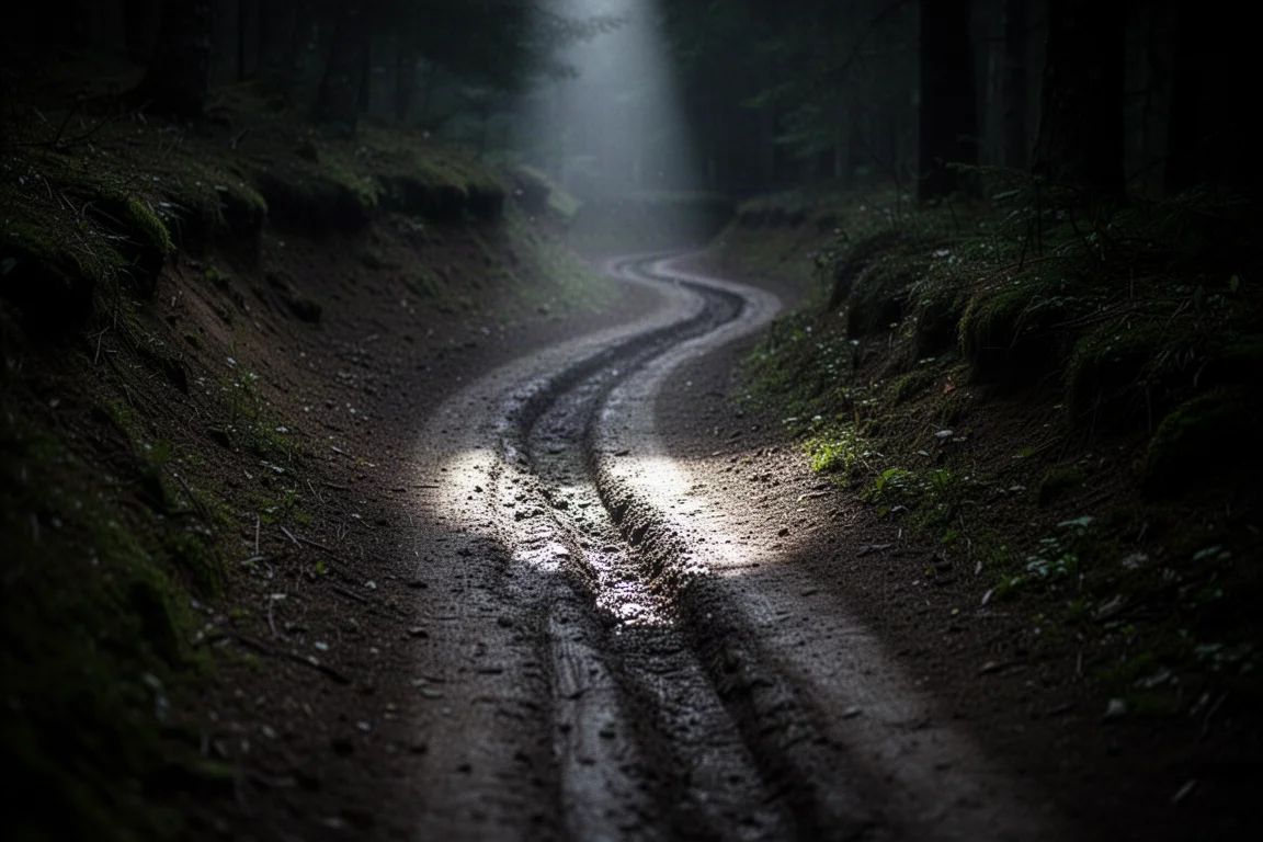 Narrow bike light beam on a tight switchback corner at night