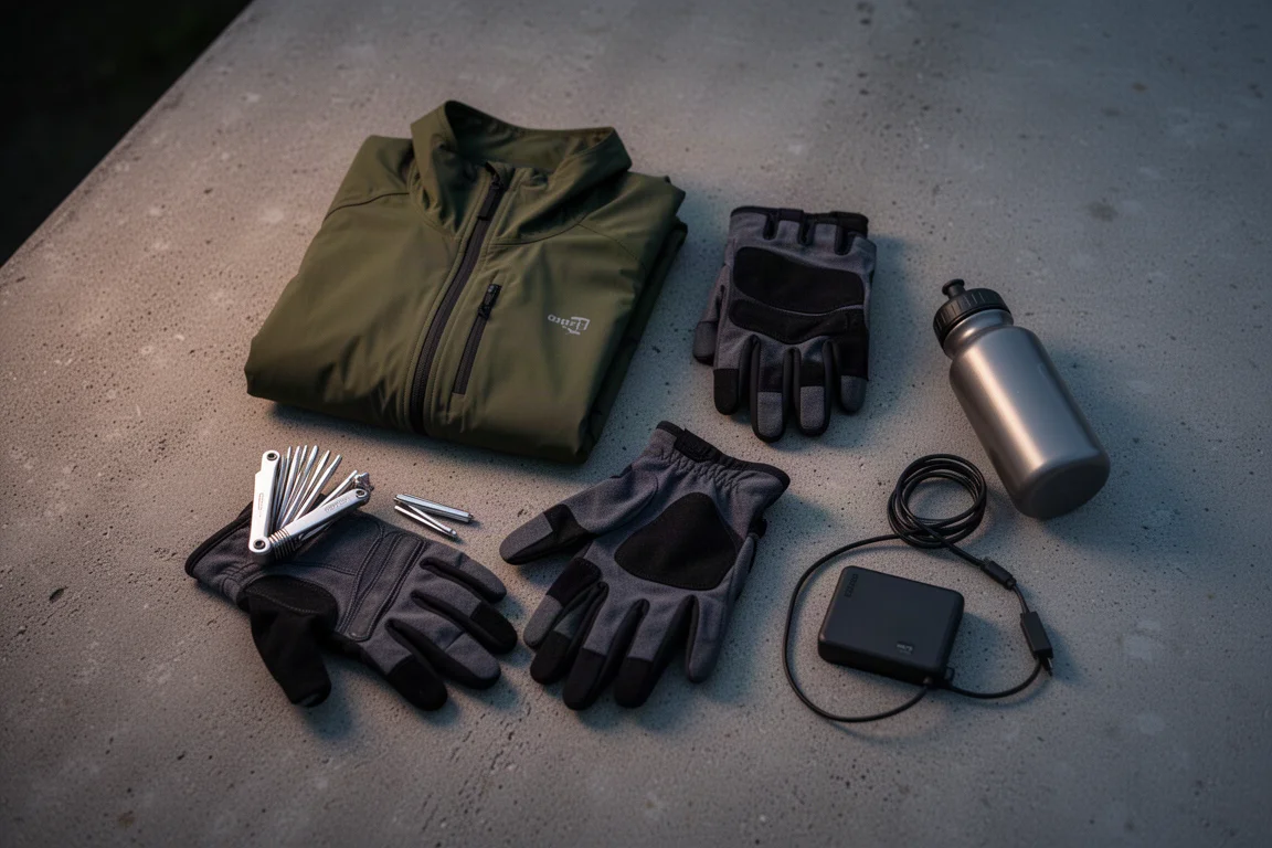 Night riding gear laid out on concrete before a mountain bike ride