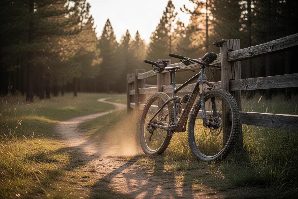 Mountain bike cross country apoiada em uma cerca de madeira na hora dourada em uma trilha na floresta