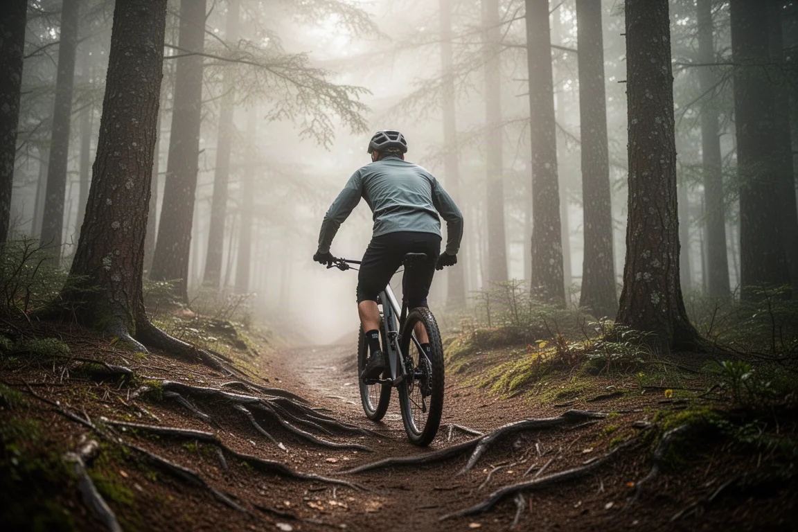 Ciclista de mountain bike subindo uma trilha enevoada na floresta sob a luz do início da manhã