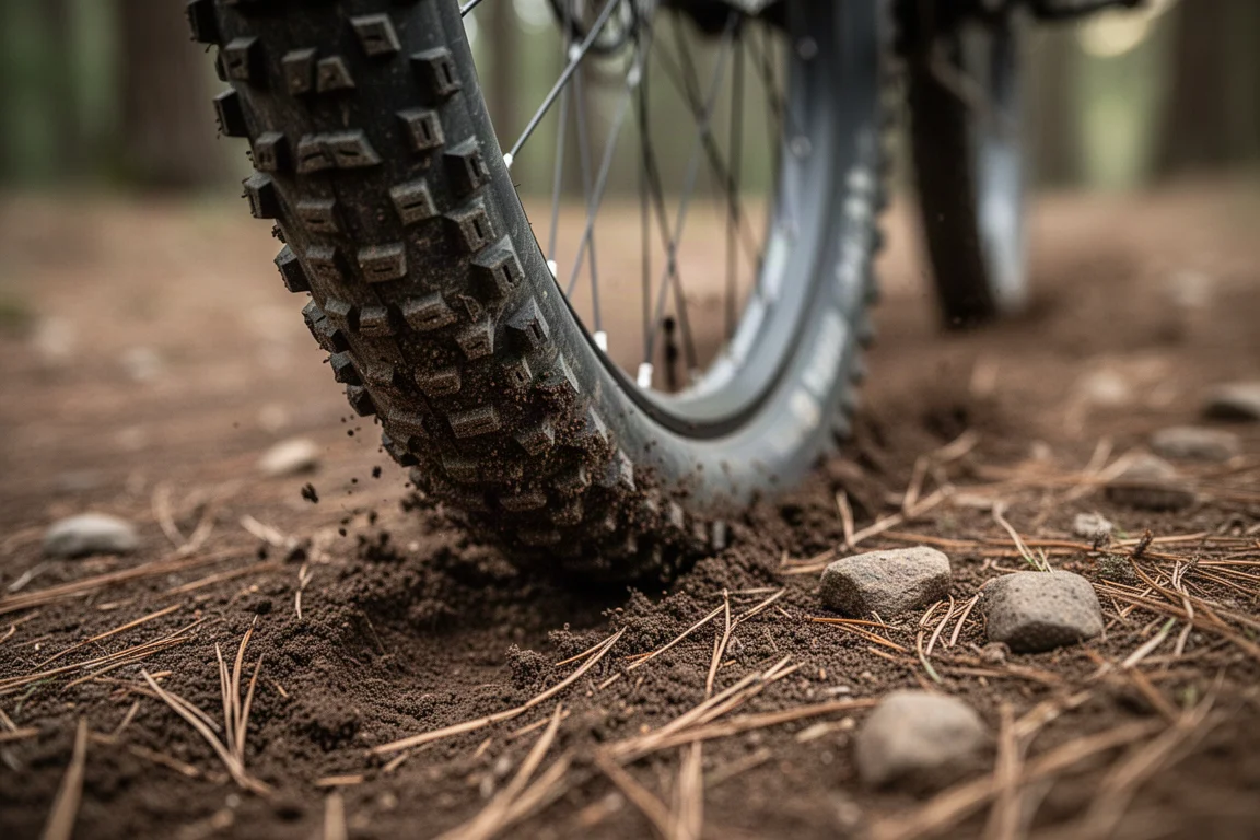 Opona roweru górskiego z klockami wgryzająca się w wilgotną ziemię na leśnym szlaku