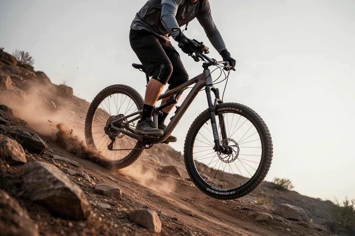 Rowerzysta MTB zjeżdżający po stromym skalistym szlaku z opuszczonym siodłem