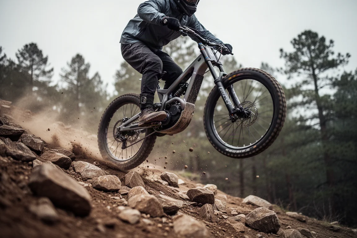 enduro 車手衝下陡峭多石窄道,塵土與鬆散碎石飛濺