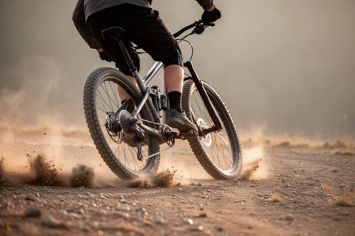 Cross-Country-Fahrer bei der Auffahrt über einen felsigen Anstieg, Hüfte weit vorn über den Pedalen