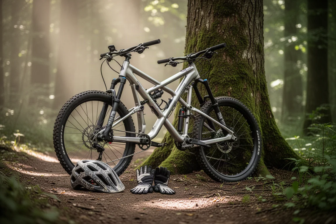 Gruppe von Trail-Fahrern auf einem Wald-Singletrack zur goldenen Stunde