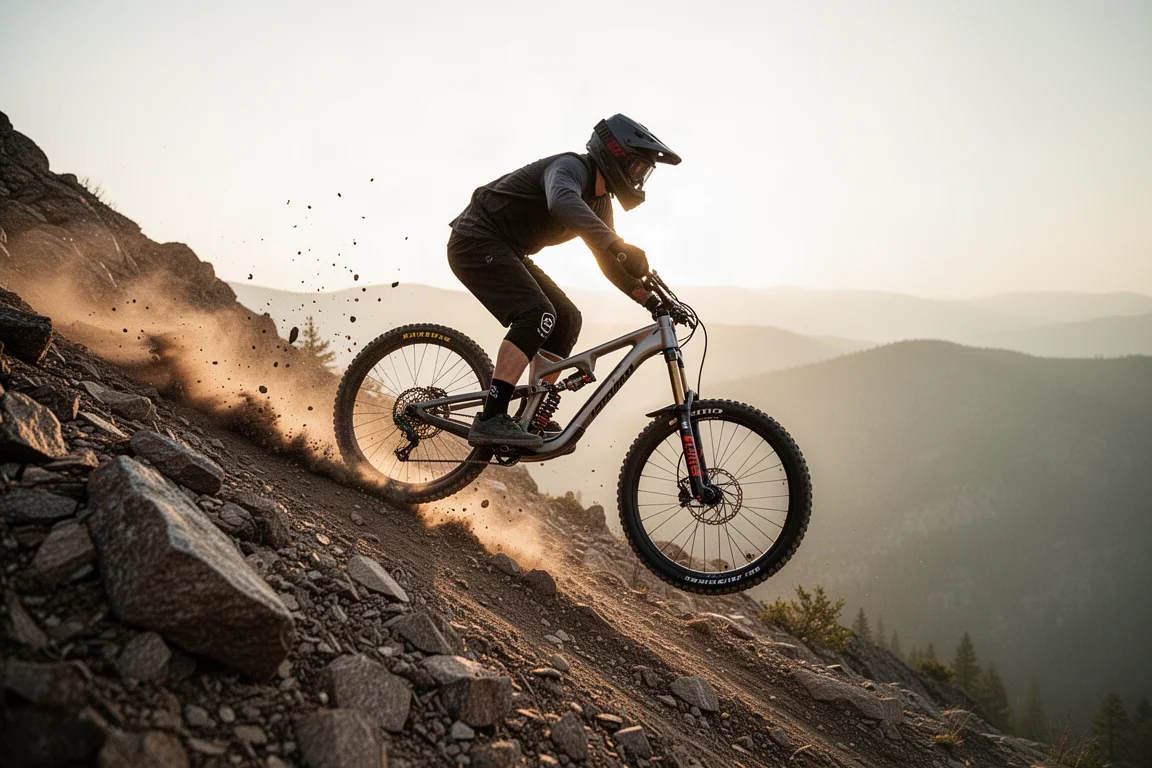 Mountainbike auf einem Montageständer mit Werkzeugen, die auf einer Werkbank bereitliegen