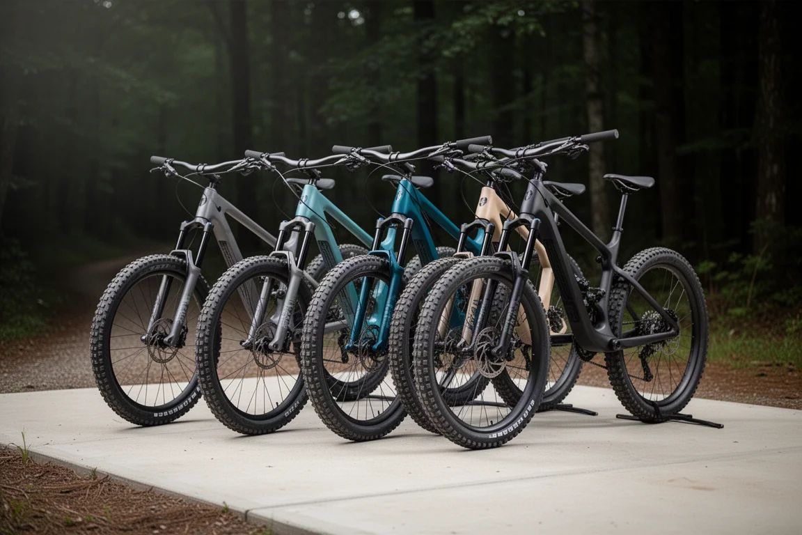 Tre heldämpade mountainbikes uppradade på en betongyta