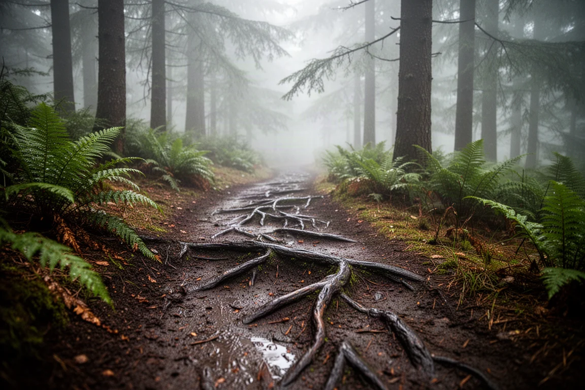 Sendero de bicicleta de montaña en bosque húmedo lleno de raíces tras la lluvia de verano, con niebla entre los árboles