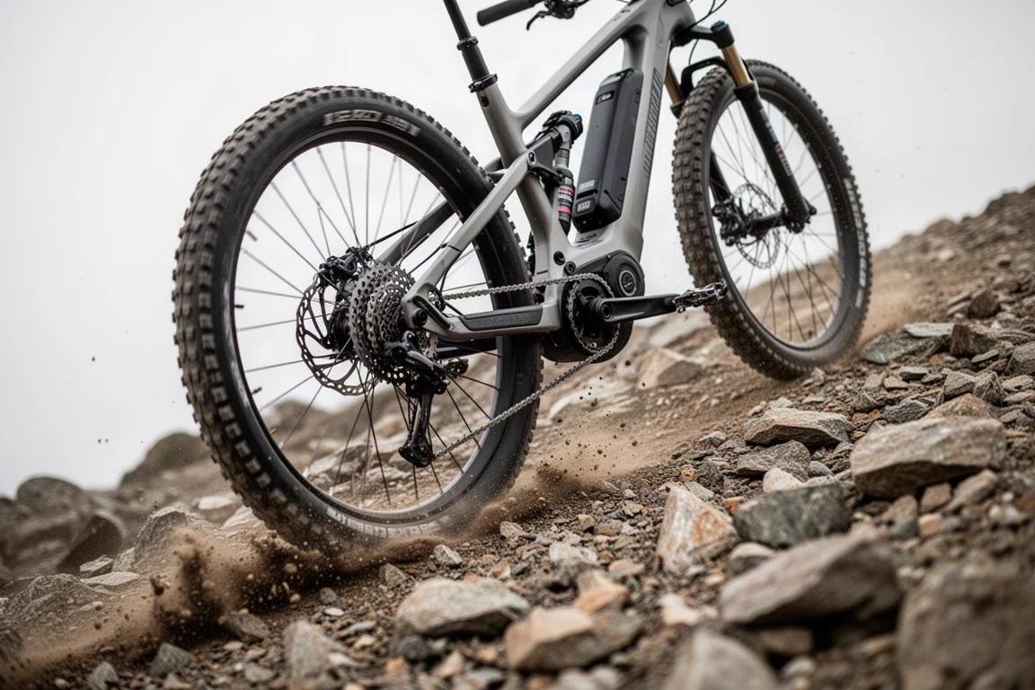 Neumático trasero de una bicicleta de montaña eléctrica de potencia total agarrando esquisto suelto en una subida empinada