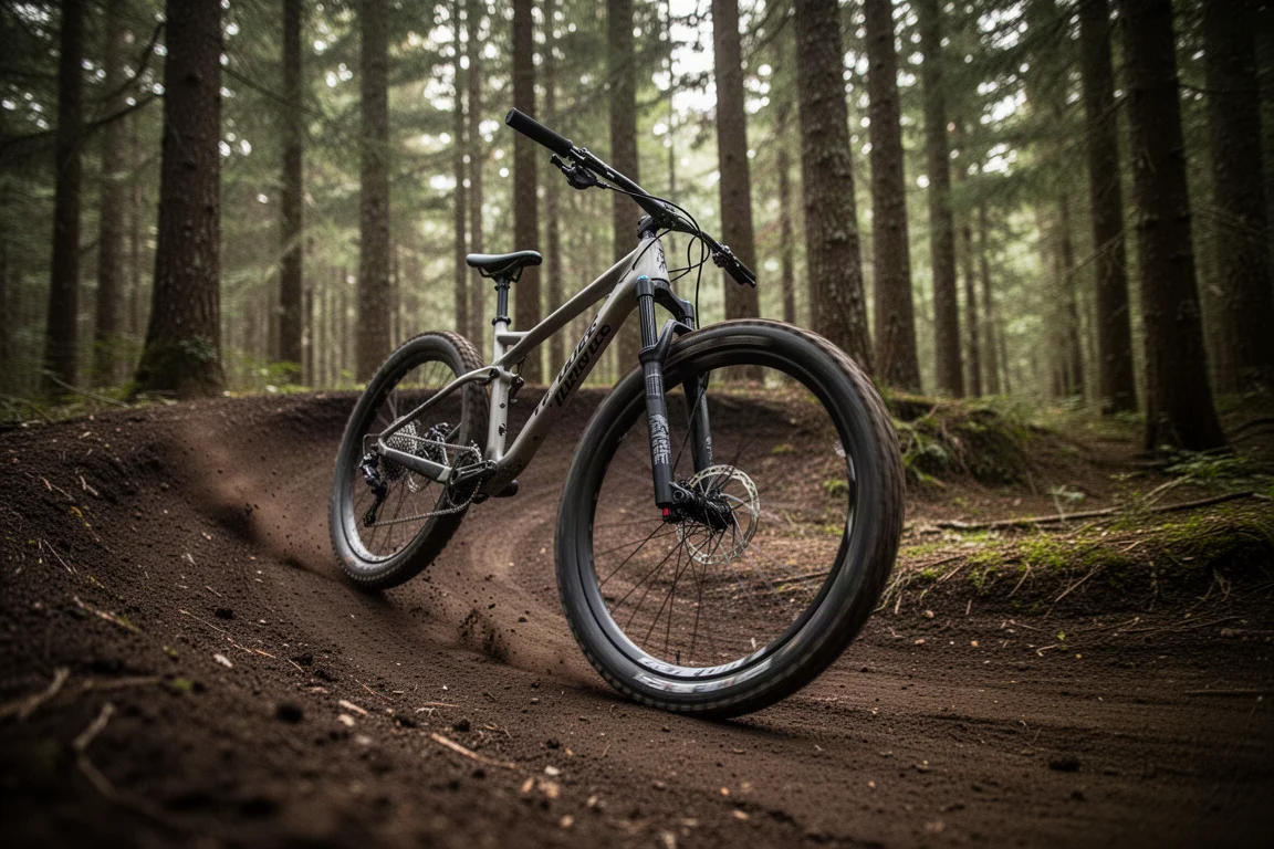 Bicicleta de montaña inclinándose en una curva de bosque con suelo de mantillo y luz moteada entre coníferas