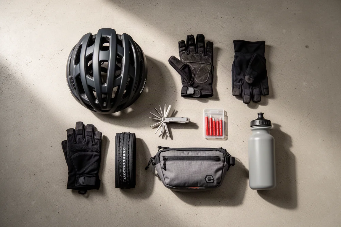Vista superior de casco de bicicleta de montaña, guantes, multiherramienta y esenciales de trail sobre hormigón