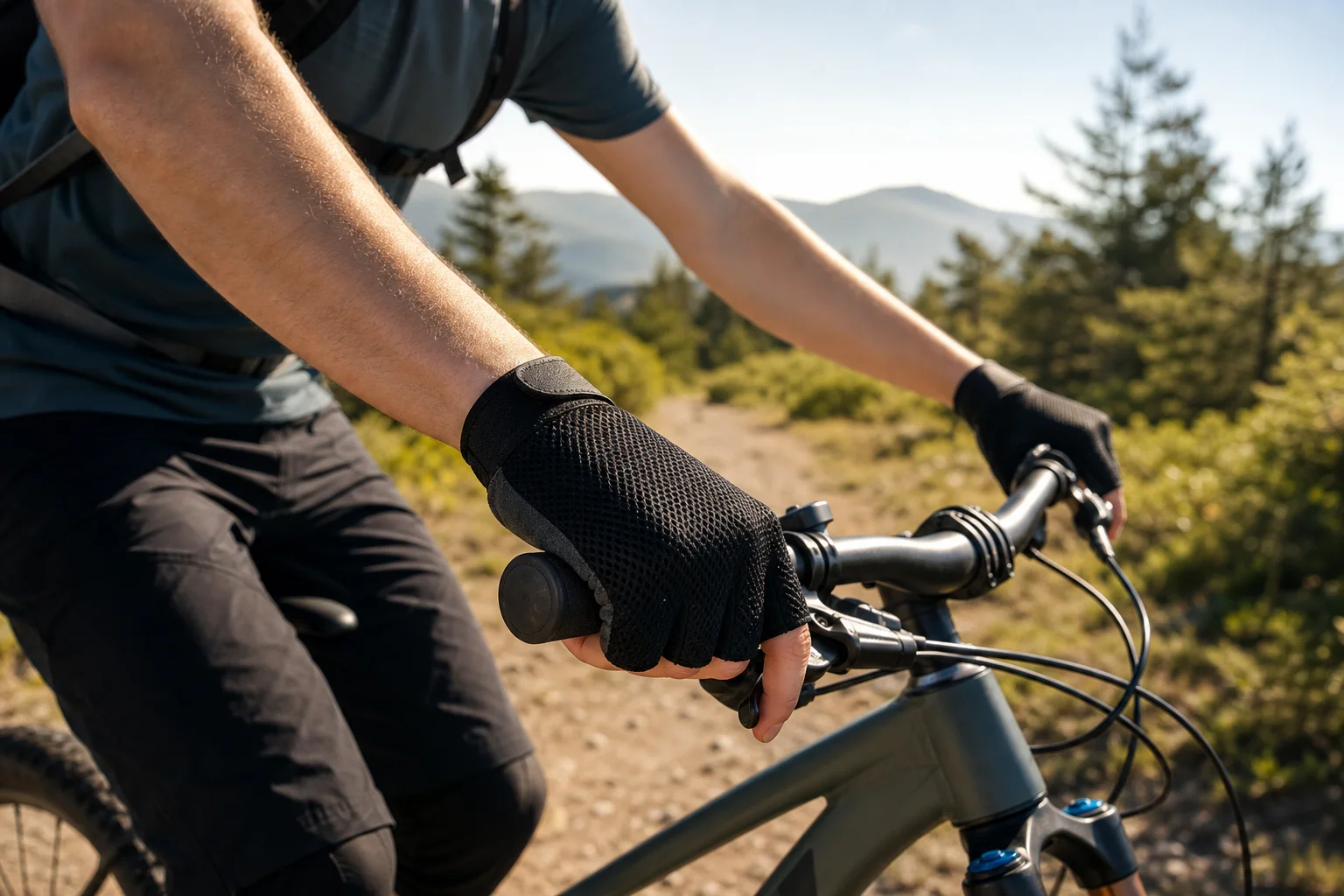 Radfahrer auf einem sonnigen Pfad mit atmungsaktiven Mesh-Handschuhen