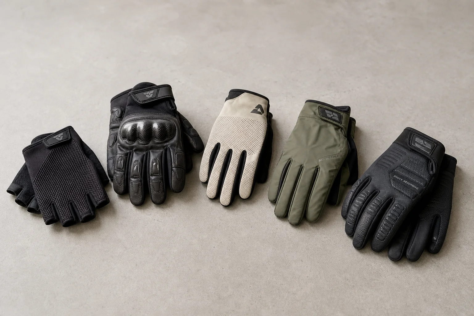 Five mountain biking gloves in different styles arranged on concrete surface