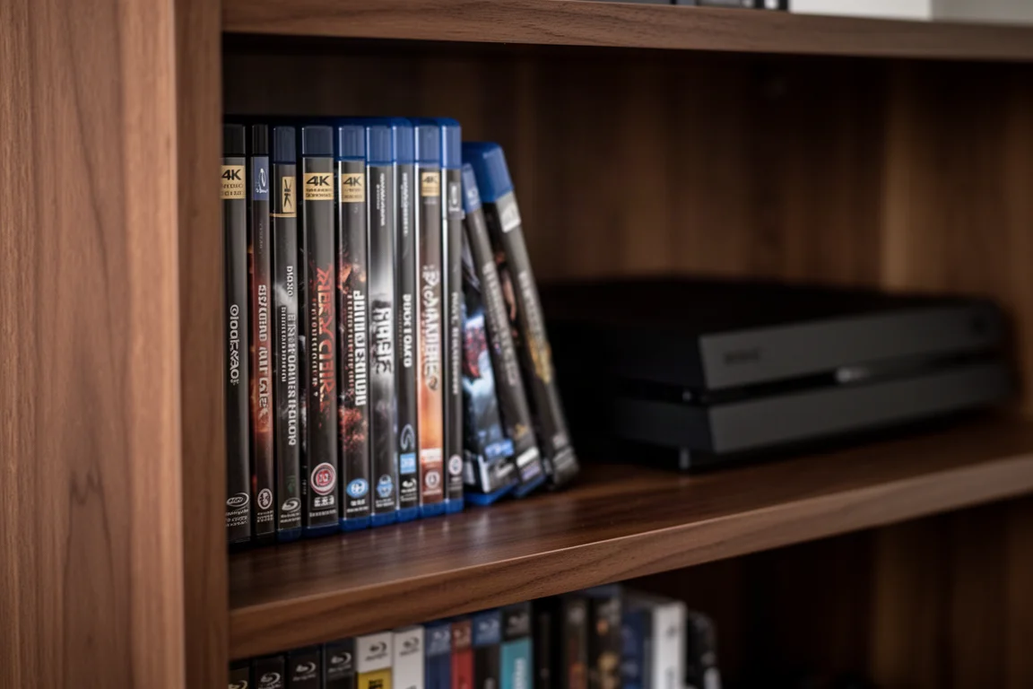 Regal mit 4K-Blu-ray-Hüllen in einem Holzmedienregal mit einer Konsole dahinter