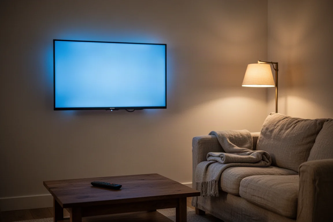 Wohnzimmer bei Nacht mit leuchtendem wandmontiertem Fernseher und einer Fernbedienung auf dem Tisch