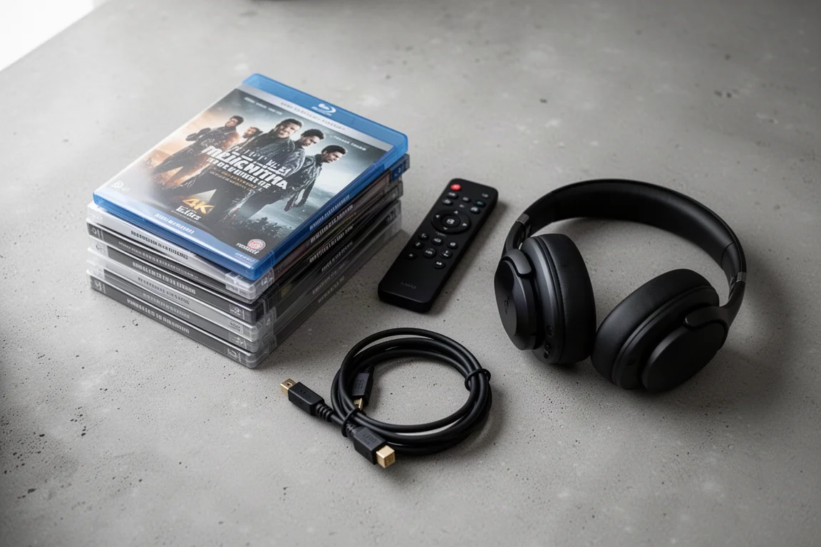 Draufsicht auf Blu-ray-Hüllen, eine Fernbedienung, ein HDMI-Kabel und Kopfhörer