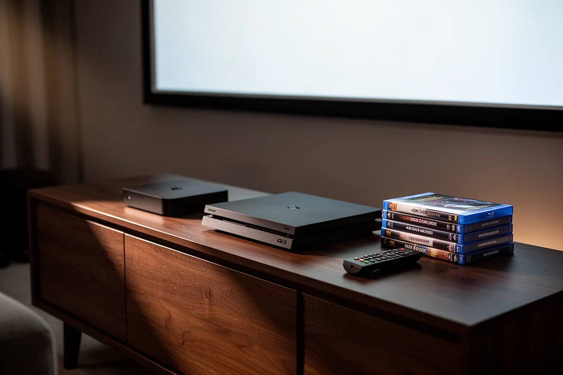 Home theater media console with a streaming box, game console, and Blu-ray cases