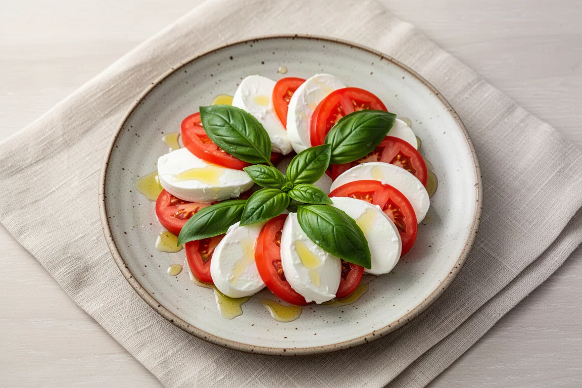 Caprese salad with fresh mozzarella, tomato slices, and basil on a ceramic plate