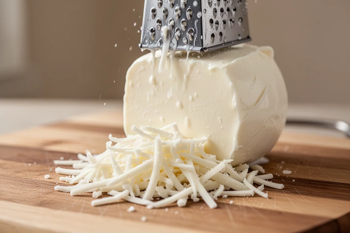 Hand grating a block of whole milk mozzarella over a wooden cutting board