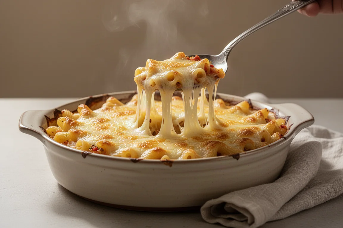 Melted mozzarella stretching as a baked pasta dish is lifted from the oven