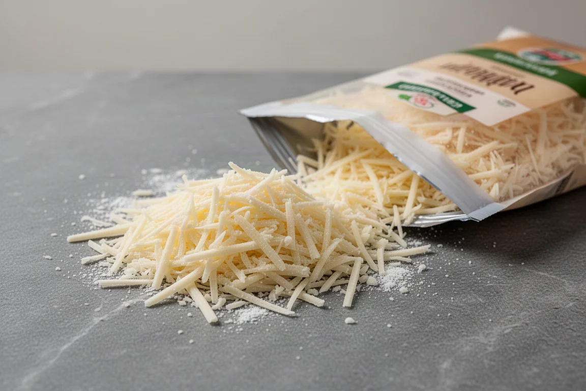 Package of pre-shredded cheese with visible dry shreds scattered on a counter