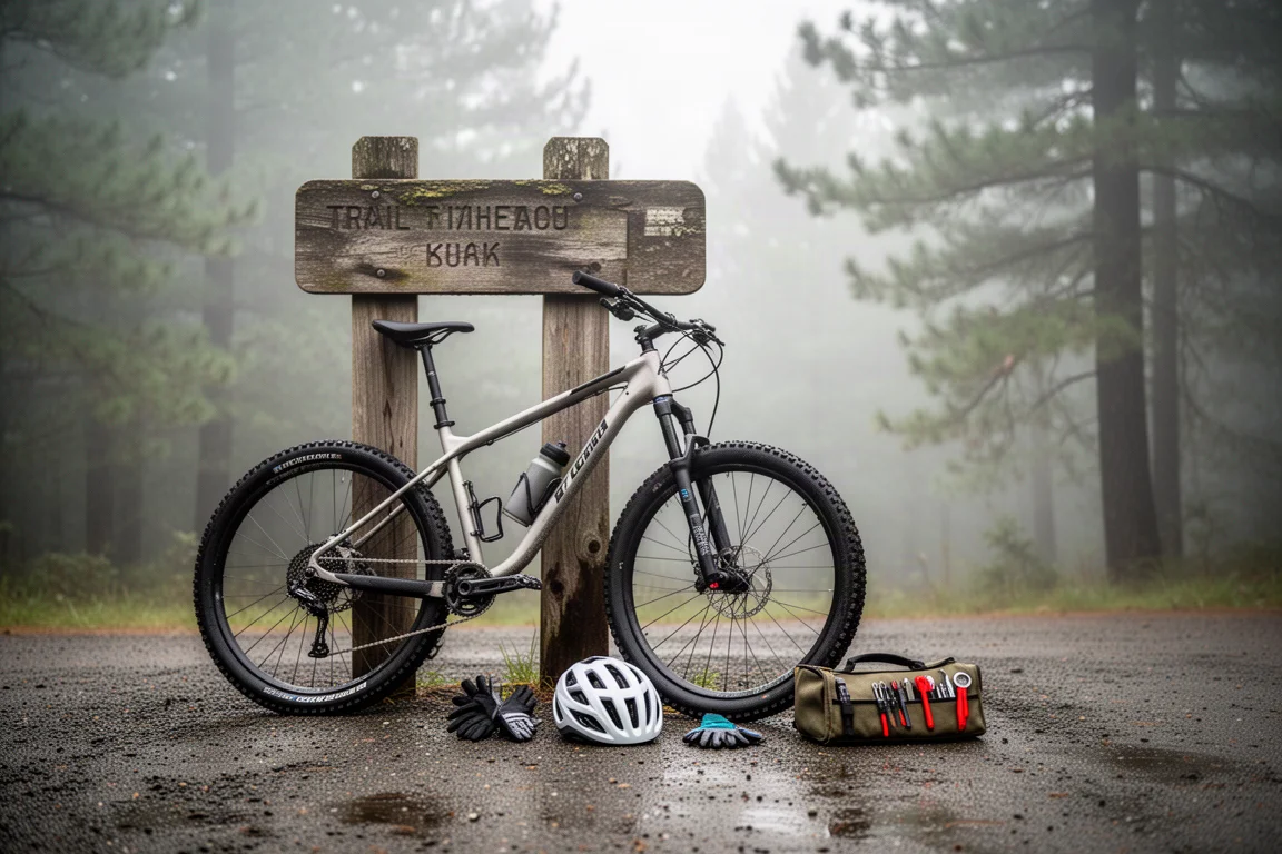 Equipamentos de mountain bike dispostos em um piso de concreto ao lado de uma entrada de trilha
