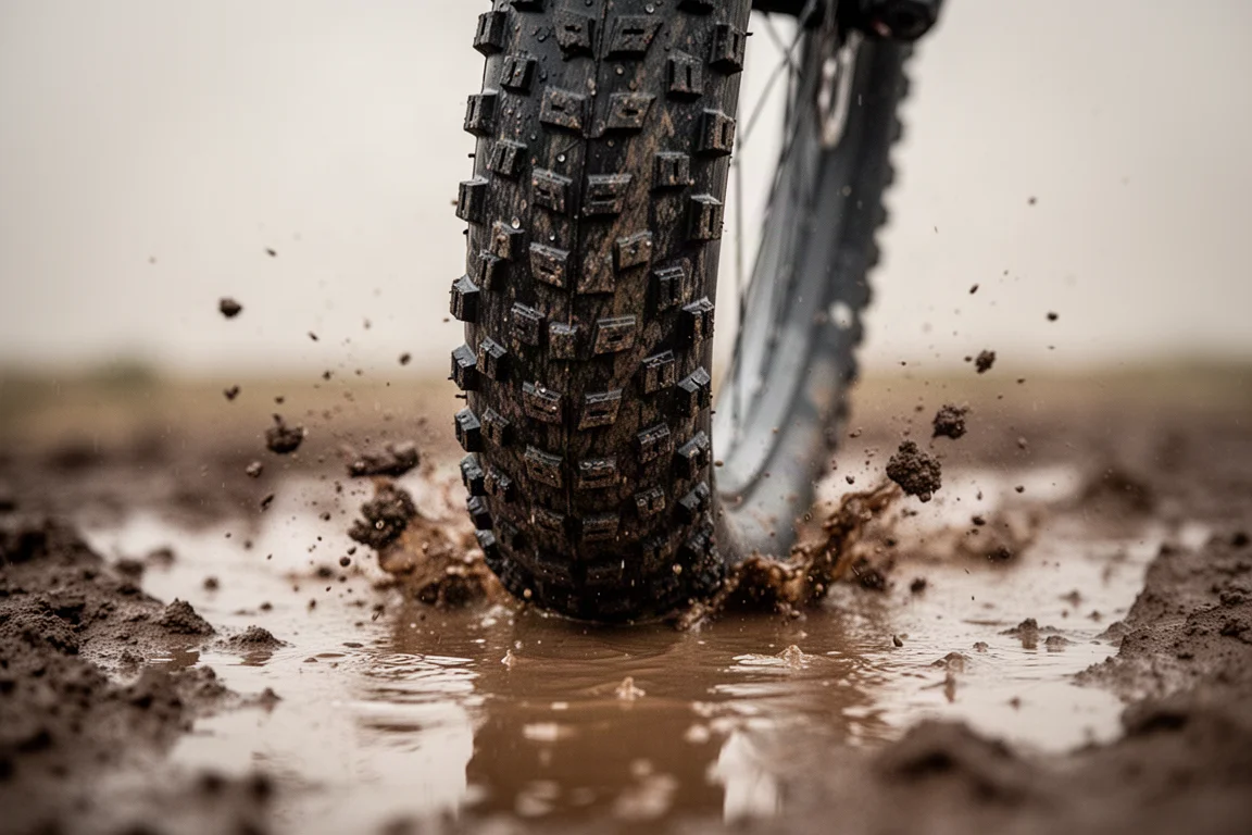 Close-up de um pneu de mountain bike com cravos limpando lama em uma trilha molhada