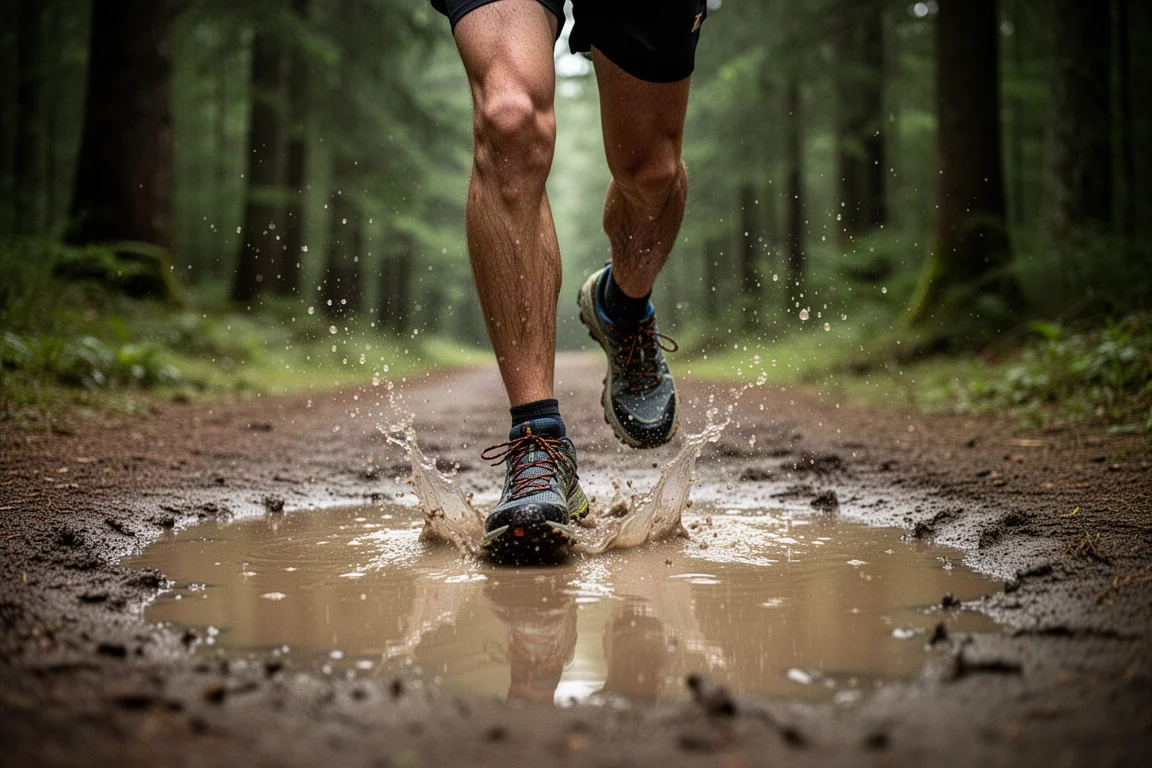 Los pies de un corredor cruzando un arroyo fangoso poco profundo en un sendero forestal