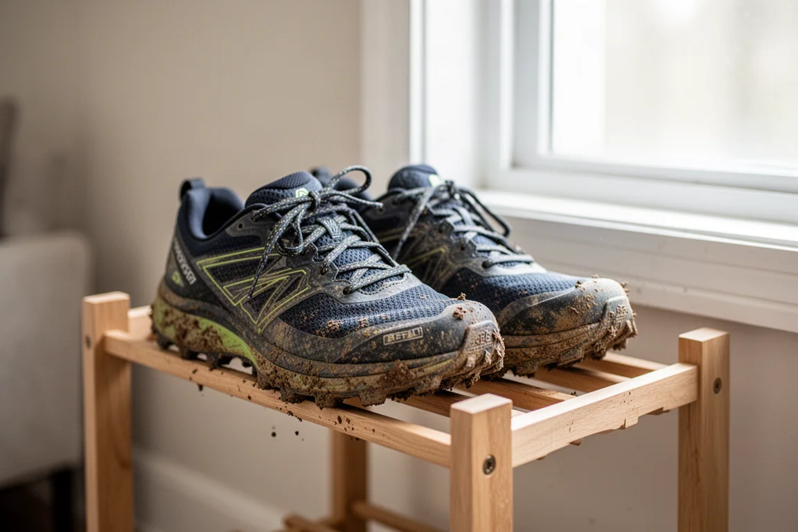 Zapatillas de trail secándose en un estante de madera junto a una ventana