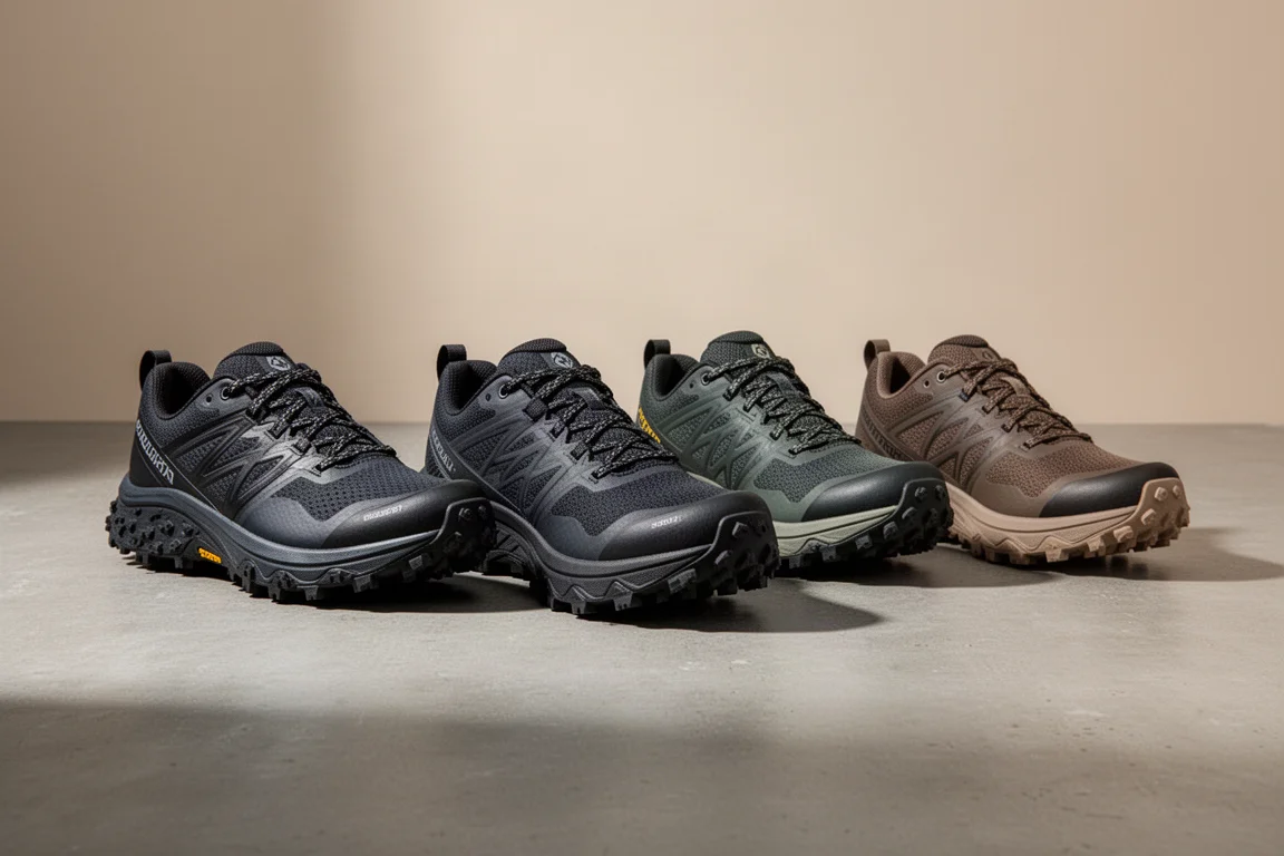 Four muddy trail running shoes with deep lugs lined up on a concrete surface