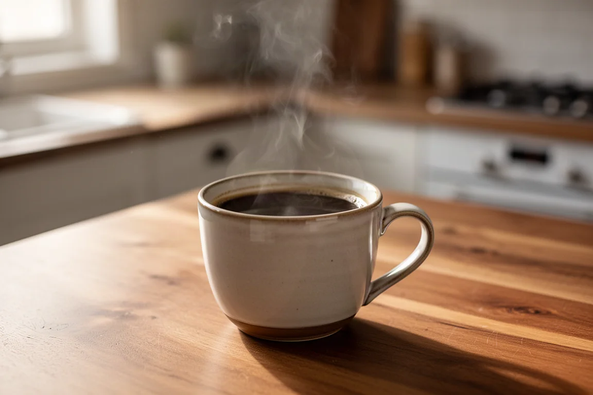Steam rising from a hot cup of coffee on a wooden table in morning light