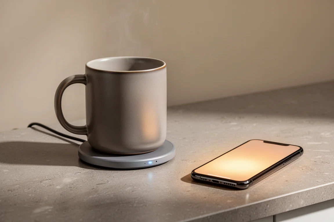 Smart mug resting on its charging coaster beside a smartphone