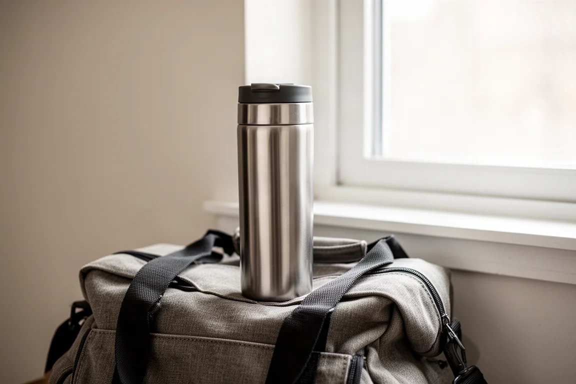 Slim stainless steel travel mug standing on a commuter bag by a window