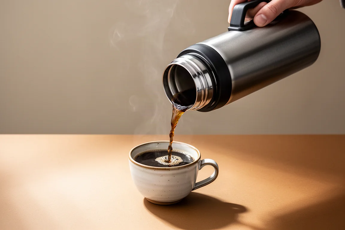 Coffee being poured from an insulated travel mug into a small cup
