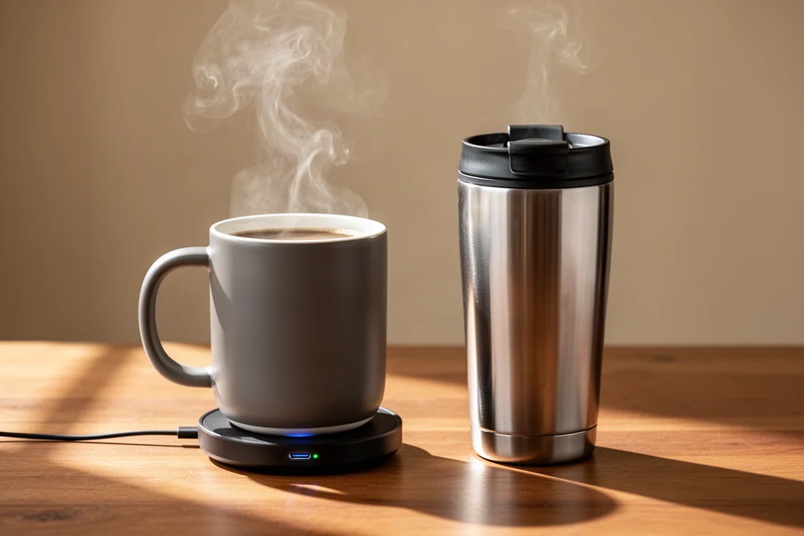 A heated smart mug and a stainless steel travel mug side by side on a wooden table