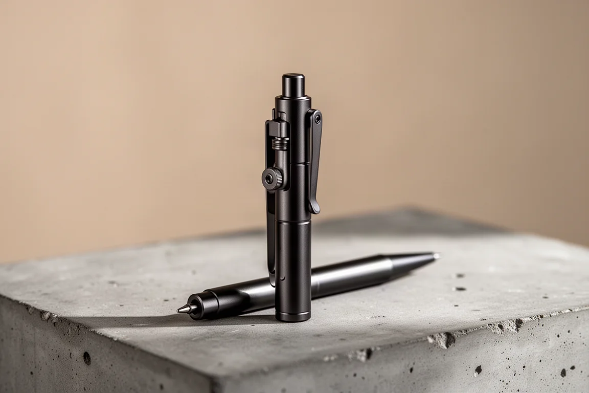 Kompakt bolt-action-penna fotograferad från sidan på ett neutralt underlag