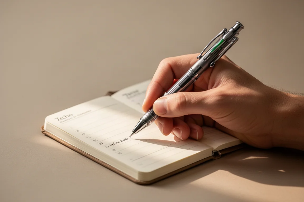 Handen van een schrijver die een compacte multipen gebruiken in een kleine agenda