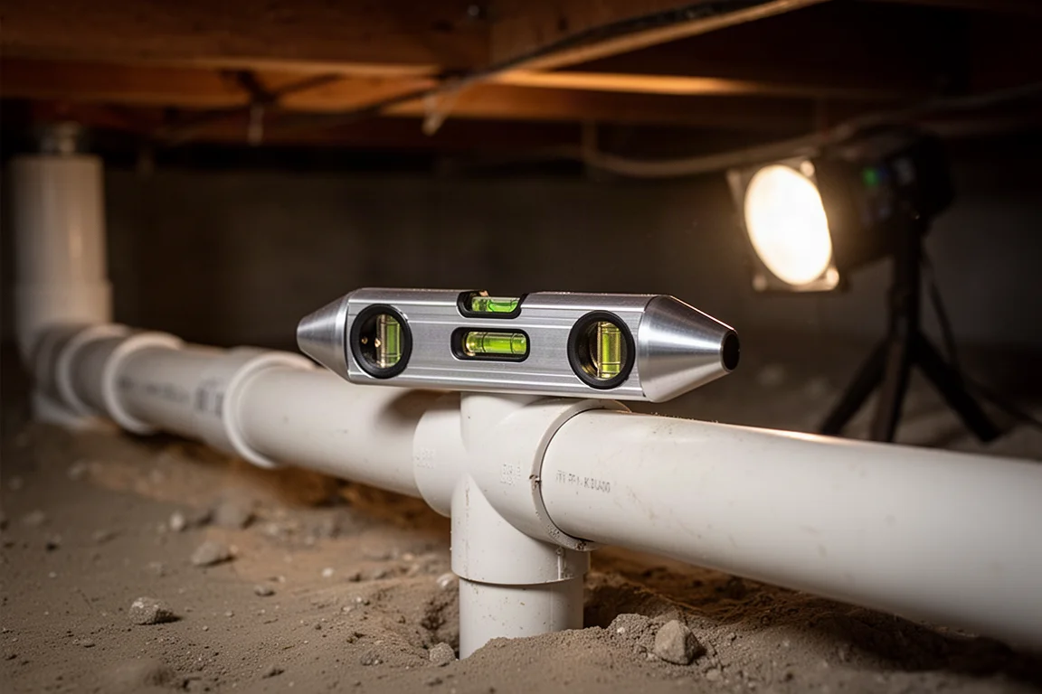 Niveau multi-pente posé sur un tuyau de drainage PVC lors d'un projet de plomberie résidentielle