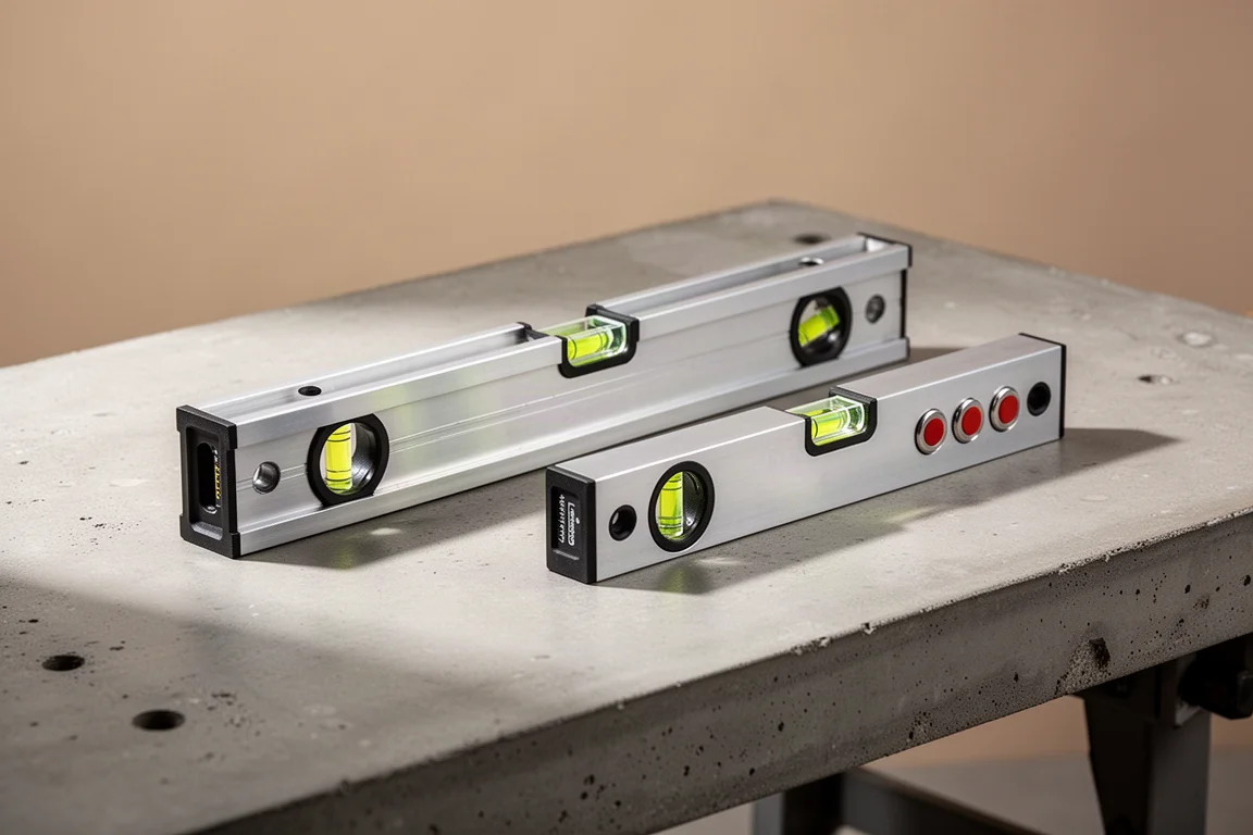 Two aluminum multi-pitch levels side by side on a concrete workbench