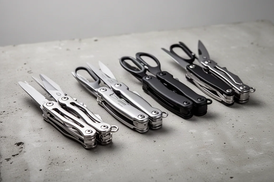 Row of folding multi-tools with scissors deployed on a concrete surface